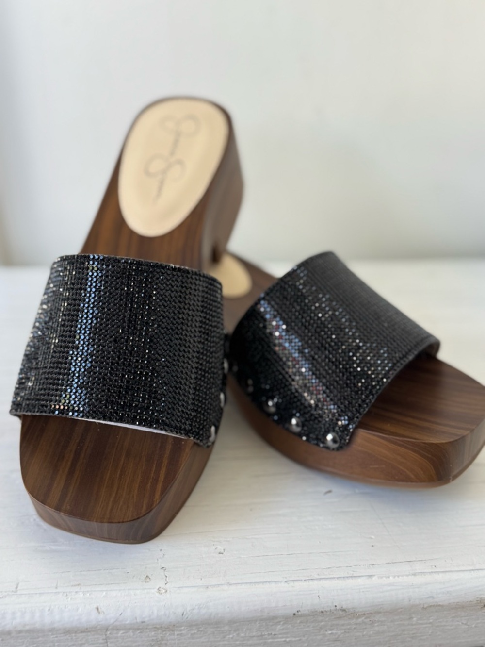 NIB Jessica Simpson Rexile Black Sandals - Silver Studded - Sparkly - Small Heel